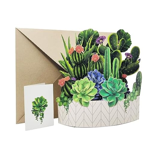 ZHDOKa Tarjeta de Felicitación Hecha a Mano con Ramo de Flores Emergente, Papel 3D, Cactus, Margaritas, Rosas, Lirios, Tarjeta Emergente con Tarjeta de Nota en Blanco Y sobre para Mujeres,(Cactus)