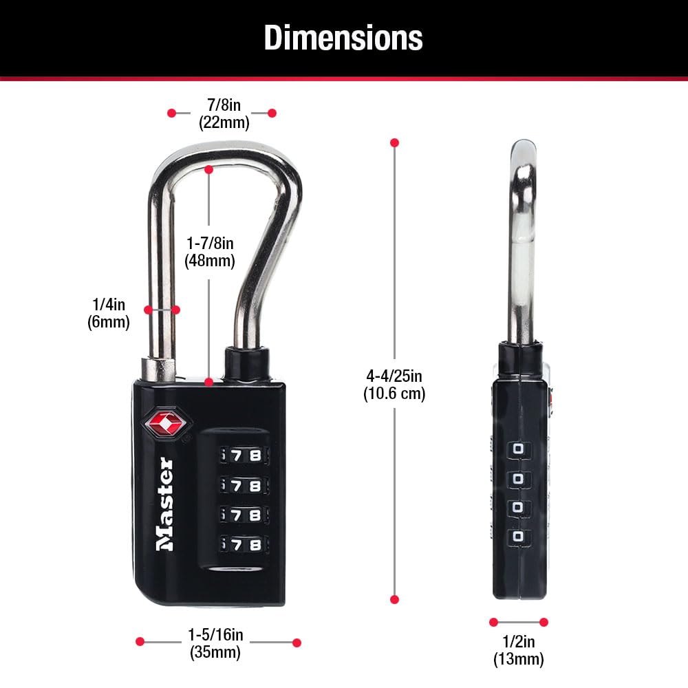 Master Lock 4696EC4 Lot de 4 cadenas à combinaison personnalisable, cadenas de valise accepté par la TSA, 3,33 cm, large, noir