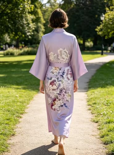Image of Women's Classic 100% Silk Kimono Robe, Bathrobe-Printed Pattern