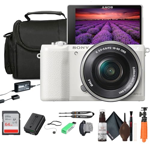 Sony Alpha a5100 Mirrorless Camera with 16-50mm Power Zoom Lens | 24.3MP APS-C Sensor, Fast Hybrid Autofocus (White) + 64GB Card + Card Reader + Case + Flex Tripod + Hand Strap + Memory Wallet + More