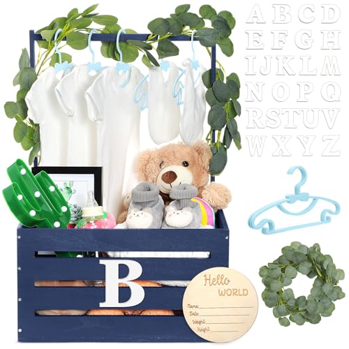 Image of Barydat Wooden Baby Shower Crate Closet Basket with Handle Baby Announcement Sign Garland Hangers Large Letter, Wooden Gift Crate, Letters for Pregnancy New Parent Party(Navy Blue)