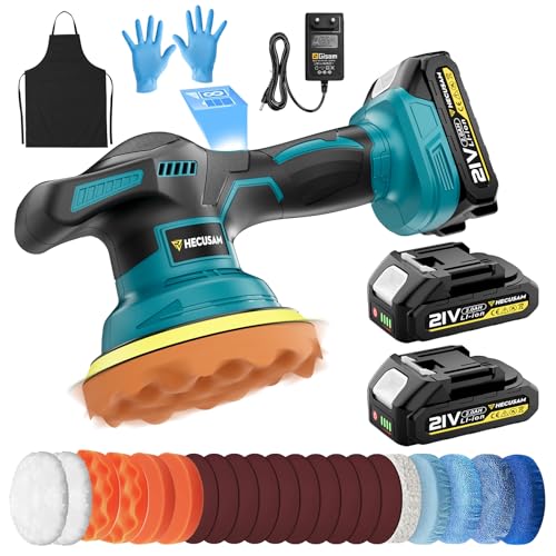 Hecusam Pulidora Coche Inalambrica, 8 Velocidades Variables Pulidora Orbital con Pantalla LCD 2x2,0 Ah Batería, Base de 150mm, 26 Accesorios para Pulir y Encerar Coches, Muebles
