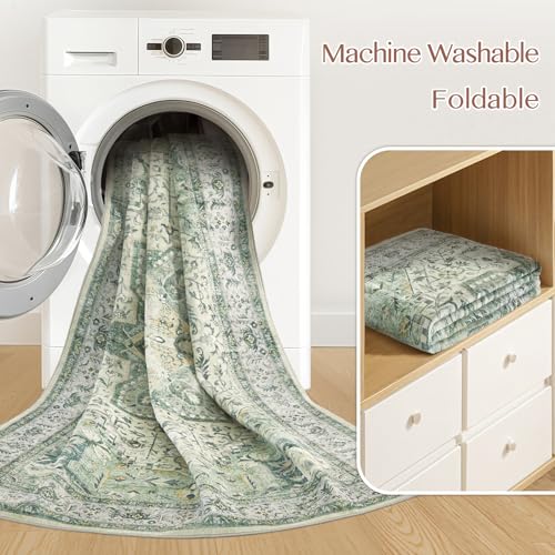 Tortania Area Rug Living Room Rugs - 7x9 Washable Boho Rug Vintage Oriental Distressed Farmhouse Large Thin Indoor Carpet for Living Room Bedroom Under Dining Table Home Office - Green