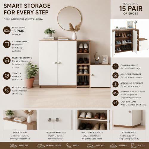Image of FURNEASER Fusia Shoe Rack Cabinet for Home | Wooden Shoe Storage Organizer with Doors | Space Saving Footwear Stand for Entryway, Living Room & Bedroom (Exotic Teak & White)