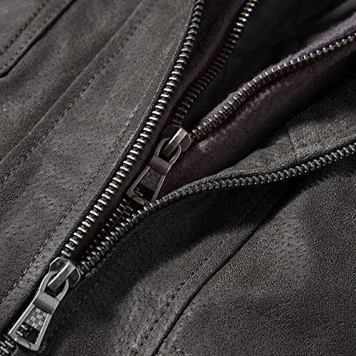 Image of FLAVOR Men Brown Leather Motorcycle Jacket with Removable Hood