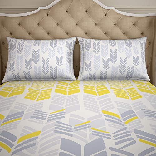 Image of Spaces Atrium Plus 210 TC 100% Cotton Queen Size Fitted Double Bedsheet with 2 Pillow Covers (Geometric, 60 inch X 78 inch Inches ) - Yellow