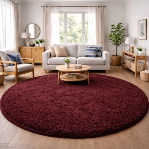 Image of Premium Polyester Shaggy Round Rug - Ultra Soft Fluffy Circle Carpet for Bedroom, Living Room, Kids Room, Anti-Skid Plush Floor Rug - (Maroon, 8 feet|240cm)
