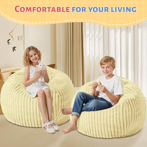 Image of HABUTWAY 2FT Bean Bag Chair, 2' Bean Bag Chairs with Memory Foam Filled, Small Comfy Beanbag Chair with Stripe Plush Cover for Living Room Bedroom Dorm，Yellow