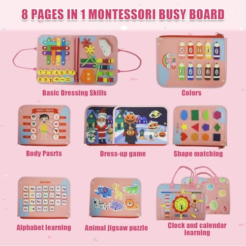 Image of Busy Board for Toddlers, Montessori Sensory Toy with Fine Motor Activities, Travel Activity Book for Airplane and Car, Educational Learning Gift for Boys and Girls