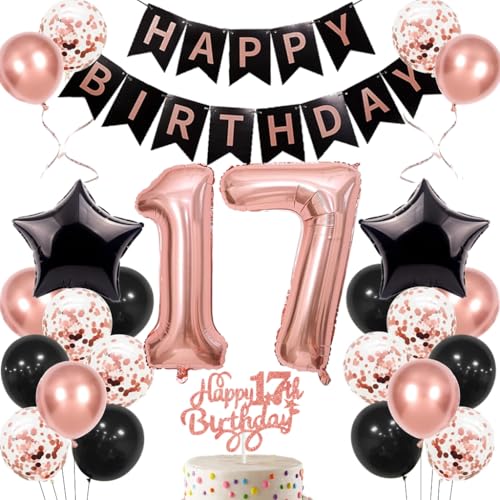 Anlgdi Geburtstagsdeko 17 Jahre Mädchen, Luftballons 17. Geburtstag Dekoration Mädchen, Happy Birthday Deko 17 Geburtstags, Roségold Ballons 17. Geburtstag Party Dekoration Set