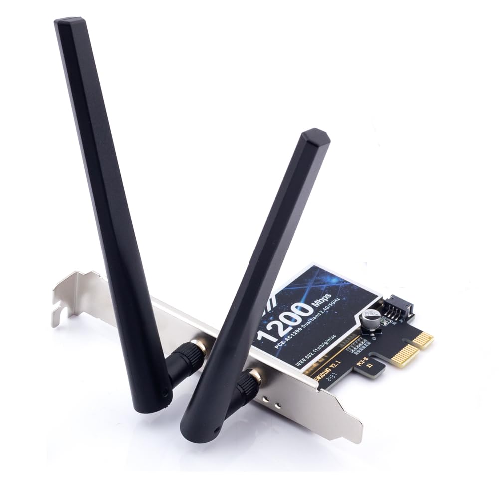 PCE-AC1200 PCIe WiFi Card,Dual Band Wi-Fi(2.4GHz + 5GHz) High Gain Antennas Beamforming PCIE WiFi Bluetooth Card with Low Profile Bracket for Desktop Gaming Office Compatible with Windows 11/10/8/7