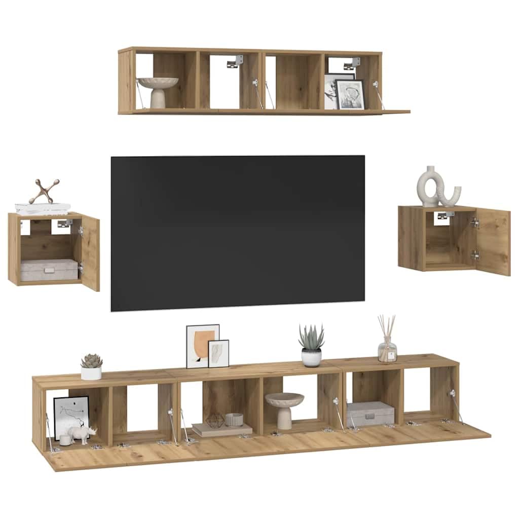 Mueble de TV montado en la pared de 7 piezas de madera de roble Artisan, con puertas y compartimentos para sala de estar, diseño que ahorra espacio, fácil montaje en pareja