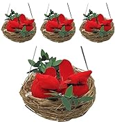 Red Cardinal Nest Ornaments - Set of 4 Nests with Two Cardinals in Each Nest - Brown Nest with Gr...