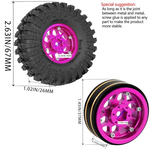hopsupRC 1.3\" Wheel Tires for 1/18 1/24 Trx4m SCX24 RC Crawler,(4PCS),1.3 Beadlock Aluminum RC Wheel Rims Brass Rings All Terrain RC Tires,Pink - Thumbnail 2