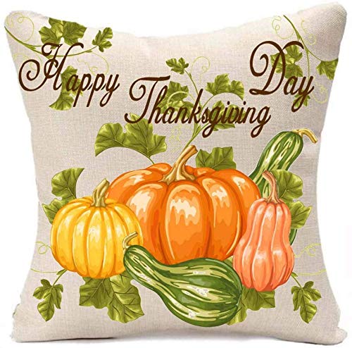 Giftme Happy Thanksgiving Day Five Pumpkins Green Leaf themed Linen Cushion Cover-Throw Pillow Cover.