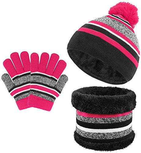 TAGVO 3 in 1 Warm Beanie Hat Scarf Gloves Set for Kids, Winter Thicken Fleece Thermal Knit Hat Scarf Gloves Set,for Kids children Boys Girls, Aged 3-6, Winter Accessories Sets