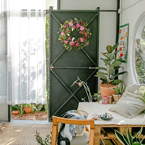 Ynylchmx 20" Spring Flower Wreath With Pink Daisy & Green Eucalyptus Leaves, Artificial Wreath Green Foliage Wreath For Wall Window Farmhouse Party Holiday Home Decor #TOP5