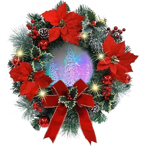 20'' LED Color-Changing Christmas Wreath - 5 Light Modes, Front Door Wreath with Glowing Christmas Tree Figurine, Indoor Outdoor Xmas Wreath Decorations Cover