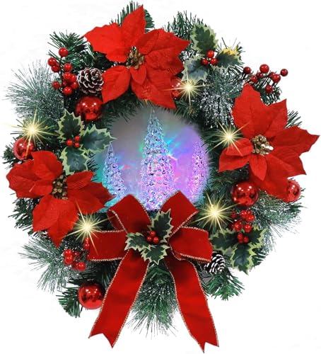 20" Lighted Christmas Wreath with Color-Changing LED Tree, Poinsettia Front Door Wreath for Indoor Outdoor Holiday Décor, 5 Light Modes