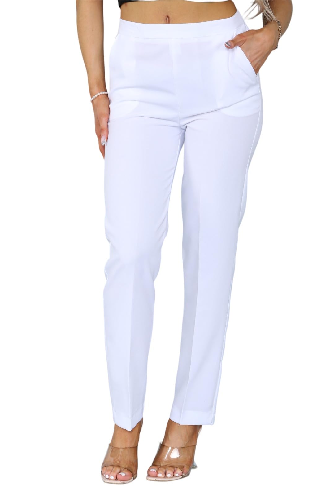 Insafians Women's White Half Elasticated Pull Up Pants | Office Wear Trousers | Work Formal (As8, Numeric, Numeric_16, Regular, Short, )