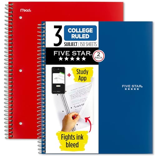 Carnet à spirale Five Star 3 sujets avec papier ligné haute qualité et couverture protectrice