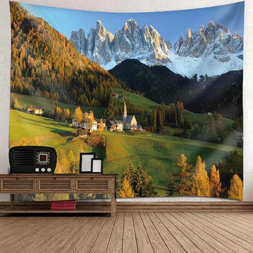 Gualiy Tapiz de pared 350 x 256 cm, diseño de montañas, casas, paisaje natural, para salón, dormitorio, dormitorio, color verde