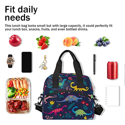 Colorful Dinosaurs Insulated Lunch Bag For Women Men Adult Cute Flower Large Cooler Thermal Lunch Box Durable Leakproof Tote Bag With Shoulder Strap For Work School Office Travel Meal Prep Bag #TOP6