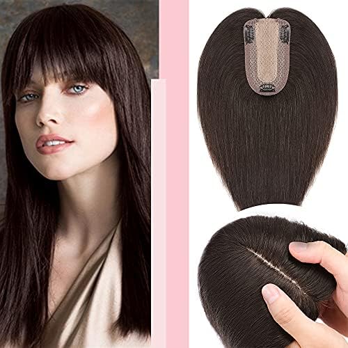 Hair Toppers for Thinning Hair Women Real Hair - MIDDLE SILK BASE (2.5*9cm) Clip in Toupee Crown Hair Piece (#02 Dark Brown, 10 Inch)