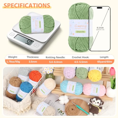 Image of Coopay Chenille Yarn for Crocheting, 8 Pack Medium Weight Yarn - CYC #4 - Total 520yd, Soft Crochet Yarns for Plush Toys, Blankets, Scarves (Green)