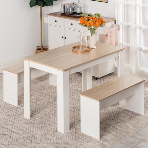 LafeuR Esstisch mit 2 Bänken 3-TLG Set 120x70x75cm Küche Stühle Tisch Möbel Essgruppe Praktisch Sitzgruppe Eiche & Weiß