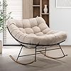 Bme Patio Rocking Chair Outdoor and Indoor Modern Metal Lounge Rocker with Thick 7 Cushion 400lbs Capacity Ergonomic Design Easy Assembly Beige Cushion Wood Texture Rocker