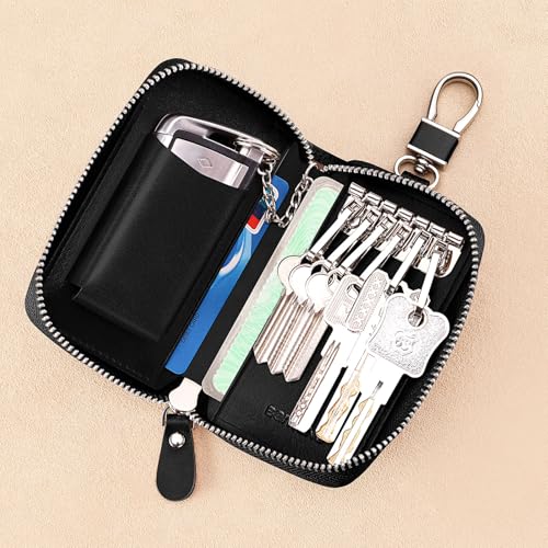 Car Key Case for Men and Women, Black Genuine Leather Card Holder Wallet Keys Pouch Organizer Bag with 6 Keychain Hooks, 3 Cards Slot (Black w/keychain)3