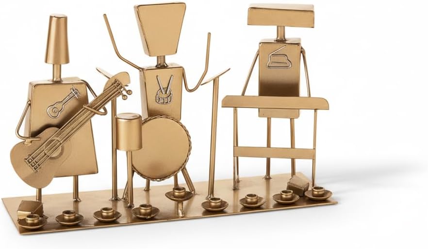 Metal Musical Orchestra Menorah – Gold Tone Hanukkah Menorah Featuring Drummer, Guitarist & Keyboard Player – 12” Wide Artistic Design Judaica