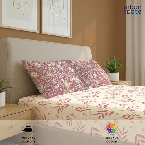 Image of Urban Space Divine 100% Cotton King Fitted Size Bedsheet, 144 TC Super Soft Elastic bedsheets for King Size Bed, Floral Design King bedsheet with 2 Pillow Covers (72 inch x 78 inch, Raina Mauve)