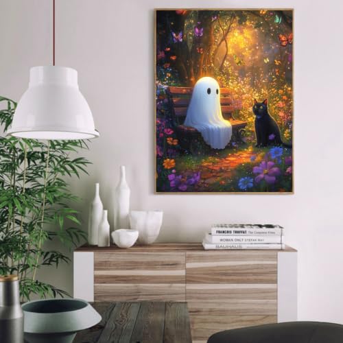 Image of Clendo Halloween Paint by Numbers Kit for Adults - Ghost and Cat Adult Paint by Number Kits on Canvas for Beginner, Oil Painting by Numbers Kit for Gift Home Wall Decor Without Frame 16x20 Inch