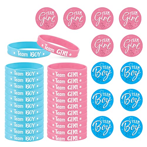 LOPKJ Pulsera de Fiesta Revelación de Género Pulseras de Silicona para Revelar Género El Juego Incluye 36 Piezas (24 Pulseras de Revelación de Género Azul y Rosa + 12 Pegatinas Revelacion Sexo Bebe) Cover