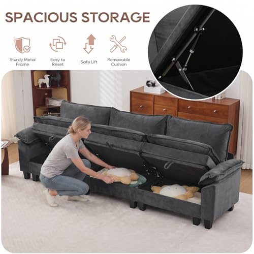 Image of IPKIG 117 inch Modular Cloud Couch with Storage, L Shaped Sectional Sofa with Ottoman & Pillow, Velvet Deep Seat Sectional Couches for Living Room, Apartment, Dark Grey