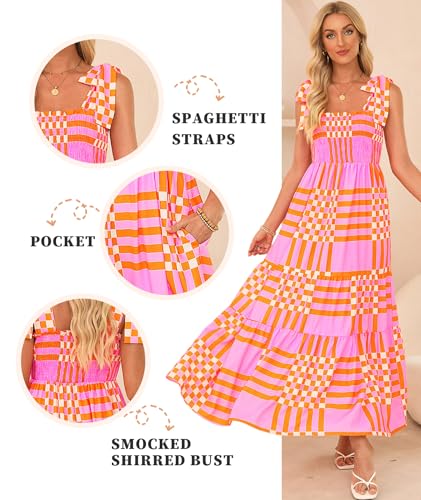 Women's Summer Maxi Dress Boho Spaghetti Straps Casual Long A-line Smocked Beach Dress Square Neck Flowy Sun Dress4