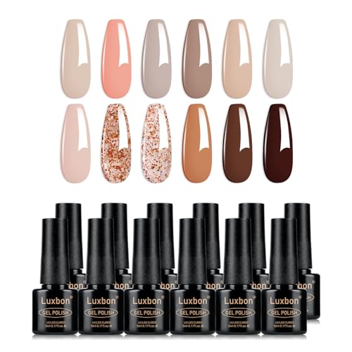 Luxbon 12 pcs Juego de Esmaltes de Uñas Semipermanentes en gel - Juego de colores de otoño Esmalte en gel de otoño de larga duración, uv led Soak Off Nail Art Designs Kit de manicura 011