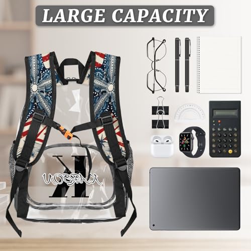 Personalized Large Clear Backpack Stadium Approved Heavy Duty PVC Plastic Custom Beach Starfish Transparent Backpacks See Through Bag with Name, Watercolor Blue and Red3