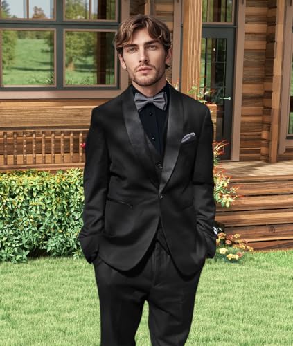 Mens Slim Fit Suit 3 Piece Solid Shawl Lapel Casual Business Blazer Set for Weddings Parties Tuxedo Jacket Pants4