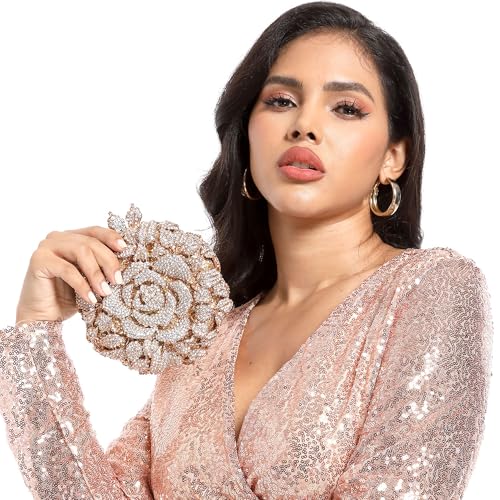 Image of Boutique De FGG Mini Round Flower Crystal Clutch Purses for Women,Formal Evening Bags,Rose Wedding Clutch Bag Party Handbags