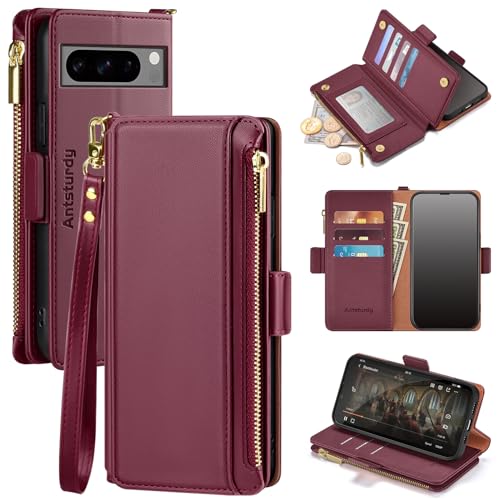 Antsturdy Compatible with Google Pixel 8 Pro Case Wallet with Card Holder Women Men Phone Case RFID Blocking PU Leather Kickstand Flip Protective Cover Wrist Strap Zipper Credit Card Slots Wine Red
