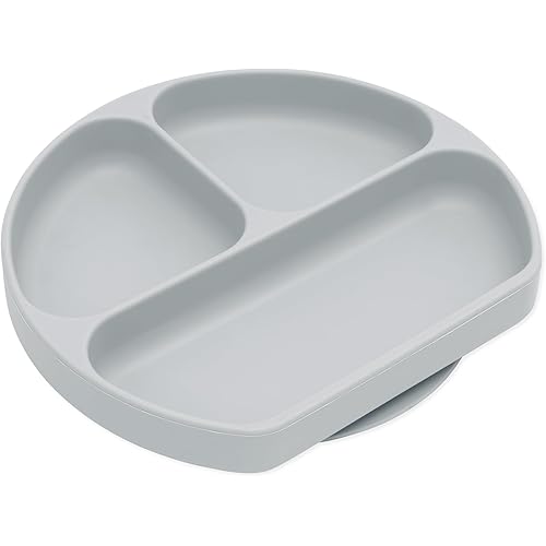 Bumkins Toddler and Baby Suction Plate, Divided Grip Dish for Babies and Kids, Baby Led Weaning, Feeding Supplies, Sticks to Tables and Highchairs, Platinum Silicone, for Chidren 6 Months, Gray