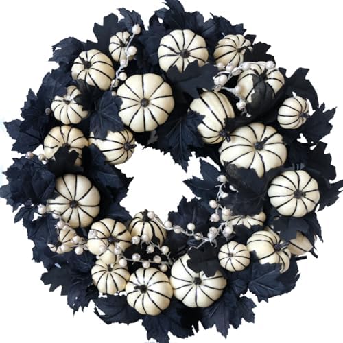 22inch Halloween Wreath Black Maple Leaf Wreaths White Pumpkin Wr...
