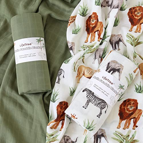 Image of LifeTree Muslin Swaddle Blankets, Woodland Baby Swaddling Receiving Blanket for Boys & Girls, 70% Viscose from Bamboo and 30% Cotton, Large 47 x 47 inches Safari Jungle /Olive Green