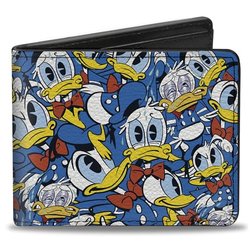 Image of Buckle-Down Men's PU Bifold Wallet, Donald Duck Blue & Yellow, 4.0 inch x 3.5 inch