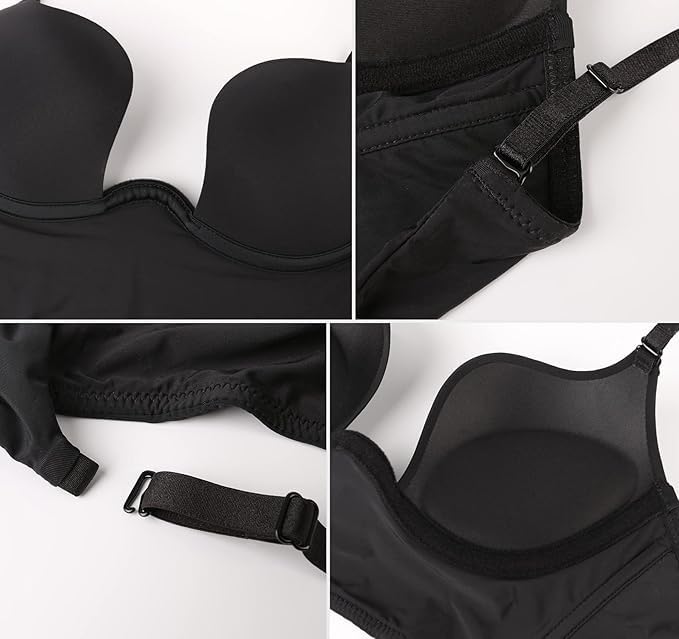 Image of Brachy Womens Low Back Wire Lifting Deep U Shaped Plunge Backless Bra with Convertible Clear Straps Every Day Bra