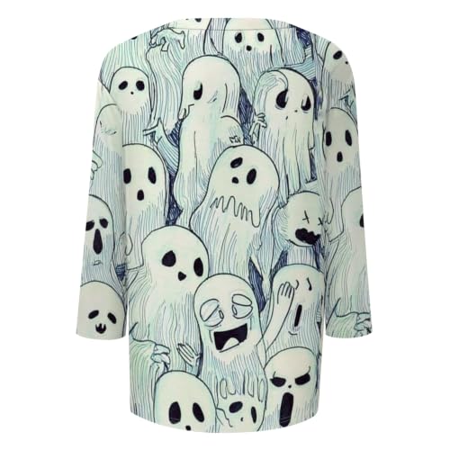 Image of Women Spooky Halloween Graphic Shirt 3 /4 Length Sleeve Crewneck Top | Halloween Funny Printed Pumpkin Plus Size Tshirts 2026 Fall Outfits Skeleton Tee Going Out Tops