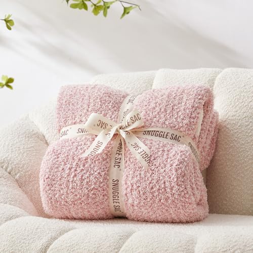 Image of Snuggle Sac Pink Throw Blankets for Couch, Reversible Super Soft Warm Microfiber Blankets Cozy Knit Fuzzy Plush Lightweight Fluffy Throws for Sofa, Bed, Living Room, Heather Pink, 50 x 60 inches
